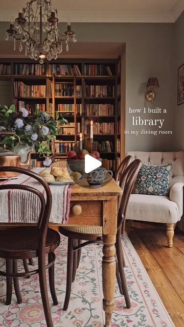 Elle Hervin on Instagram Dining Room Multipurpose Ideas, Dining Room Into A Library, Bookcase Dining Room, Dining Library Combo, Dining Room Converted To Library, Dining Room With Bookshelves, Formal Dining Room To Library, Library Walls, Library Dining Room Combo