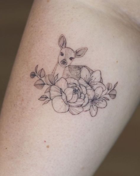 Deer And Sunflower Tattoo, Doe Deer Tattoo, Fawn Tattoo Design, Animals And Flowers Tattoo, Sleeping Fawn Tattoo, Deer With Flowers Tattoo, Tiny Deer Tattoo, Doe And Fawn Tattoo, Small Deer Tattoos For Women