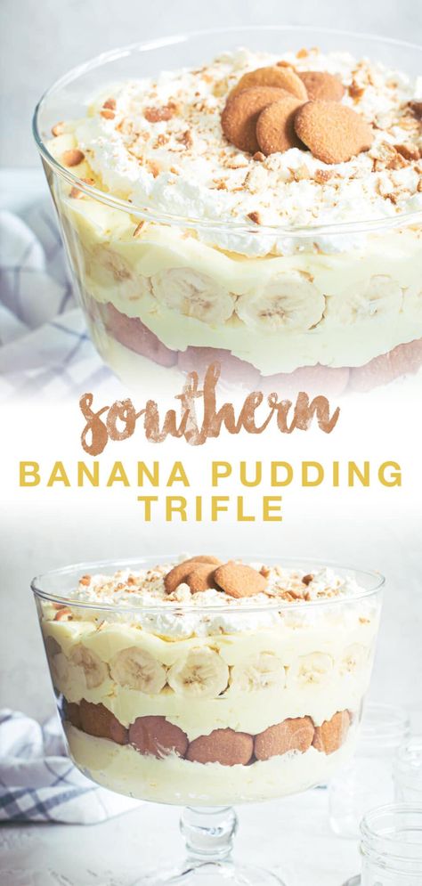 This simple southern dish is a showstopper dessert perfect for picnics or gatherings. With layers of bananas, mixed in with pudding topped with homemade whipped cream and vanilla wafers, this Banana Pudding Trifle is a must-make dessert. #SouthernBananaPudding #BananaPuddingTrifle #SouthernDessertRecipes Homemade Vanilla Wafers, Banana Trifle, Pudding Trifle, Banana Pudding Trifle, Trifle Bowl Recipes, Showstopper Dessert, Banana Pudding Desserts, Southern Banana Pudding, Banana Pudding Cheesecake