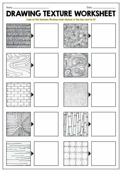 Drawing Texture Worksheet Drawing Texture Worksheet, Texture Worksheet, Art Handouts, Arte Doodle, Middle School Art Projects, Art Lessons Middle School, Texture Drawing, Art Basics, Classroom Art