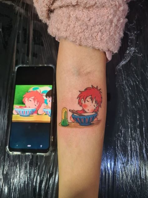 Sleeping Tattoo, Ponyo Tattoo, Ghibli Tattoos, Anime Tattoo Ideas, Studio Ghibli Tattoo, Ghibli Tattoo, Unalome Tattoo, Dark Academy, Cute Little Tattoos