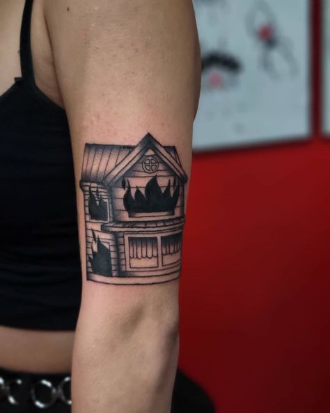 House Tattoo Traditional, House On Fire Tattoo, Burning House Tattoo, On Fire Tattoo, Living Dead Girl, House On Fire, House Tattoo, Burning House, Dead Girl