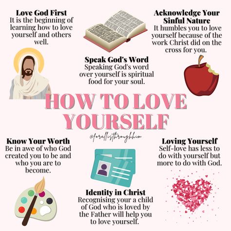 Do you know how to love yourself as a Christian woman? The concept of self-love taught by society is not the same as what is biblically taught to us, believers. Self-love has nothing to do with yourself as the world may say, but it has everything to do with God. That’s true self-love. In my blog post, I share 5 ways which will help you love yourself the way God loves you, CHECK IT OUT. #loveyourself #jesusloves #jesuslovesyou #love #valentinesday #christianblog #quotes #christiangirl #christian Love God First, Christian Tips, Becoming A Woman, A Woman Of God, Women Of God, Holy Girl, Woman Of God, How To Believe, How To Love Yourself