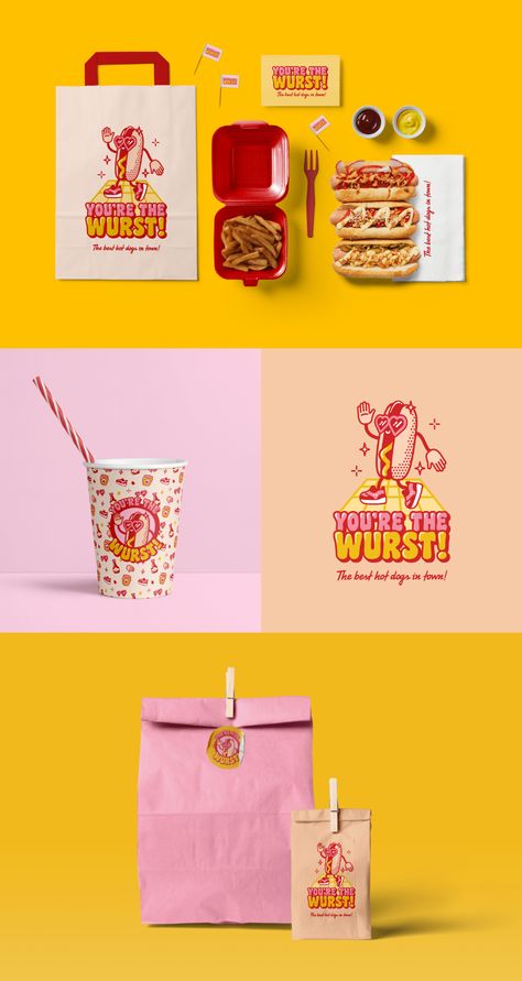 Dessert Label Design, Retro Design Packaging, Cool Packaging Design Box Creative, Snack Branding Design, Retro Packaging Design Food, Burger Branding Design, Burger Graphic Design, Brand Identity Design Creativity, Retro Packaging Design