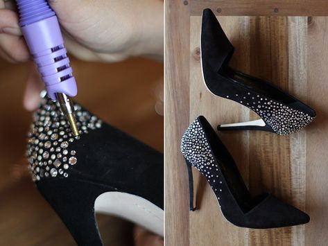 DIY Crystal Confetti Party Shoes Diy Heels Makeover, Diy Shoes Heels, Revamp Clothes, Diy Heels, Shoe Refashion, Crystal Confetti, Shoe Makeover, Diy Clothes Hacks, Beaded Shoes