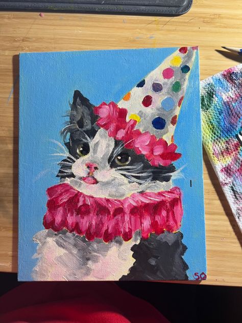 Vintage Clown Painting, Clown Cat Painting, Whimsical Cat Painting, Cat Drawing Canvas, Paintings Based On Songs, Clown Cat Art, Cute Clown Painting, Cat Portraits Painting Acrylics, Silly Cat Painting