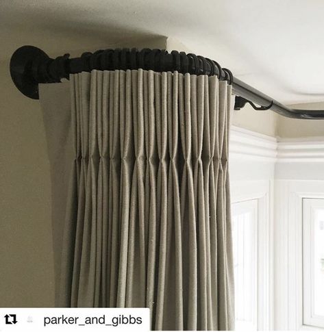 Bay bent by Bradley Collection... this is our Elysian pole with Charm finials... 📷 @Parker and Gibbs Square Bay Window Ideas, Bay Window Curtains Living Room, Bow Window Curtains, Bay Window Curtain Poles, Sheers Curtains Living Room, Office Storage Organization, Bay Window Treatments, Bay Window Living Room, Bay Window Curtain