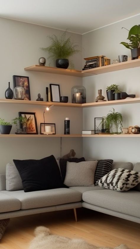 21+ Insanely Genius Above The Couch Shelf Ideas That Will Transform Your Living Room - From Lemons To Luxury Corner Floating Shelves Dining Room, Living Room Extra Wall Ideas, Shelves In Corner Living Room, Utilizing Vertical Space, Corner Shelves Sofa, Living Room Full Wall Shelves, Flat Lounge Ideas, Vertical Shelves Living Room, Corner Living Room Shelves