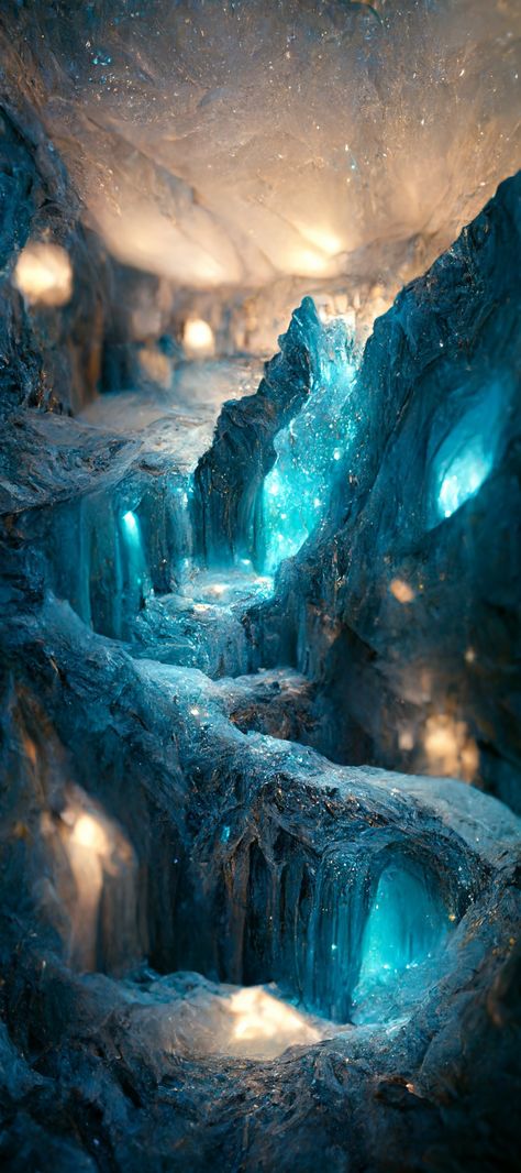 Ice World Fantasy Art, Other World Aesthetic, Magic Places Fantasy Dreams, Fantasy Winter, Glass City, Fantasy Cottage, Gnome Pictures, Anime D, Mountain Waterfall