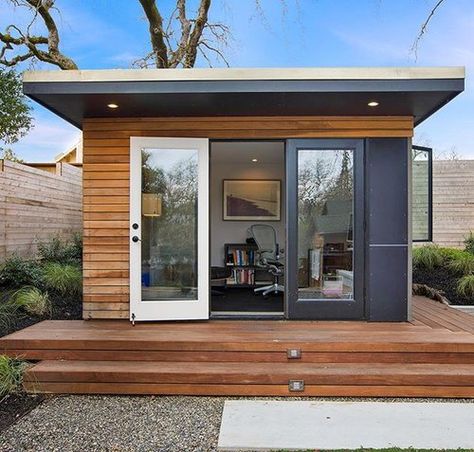 Stylish midcentury custom design, modern shed office. Making your modern prefab shed dreams reality. — Modern Spaces and Sheds Modern She Shed, Shed Design Ideas, Backyard Office Shed, Yard Oasis, Prefab Sheds, Office Shed, Puddle Duck, Shed Office, Sauna House