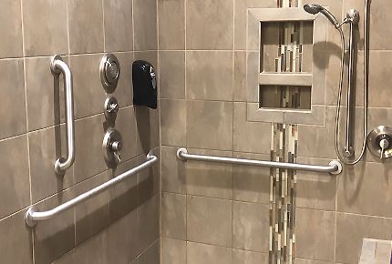 Shower Grab Bar Placement Guide (Residential) - GrabBars.com Shower Grab Bar Placement, Accessible Bathroom Design, Shower Grab Bar, Shower Tub Combination, Grab Bars In Bathroom, Accessible Bathroom, Shower Seat, Bathroom Safety, Grab Bar