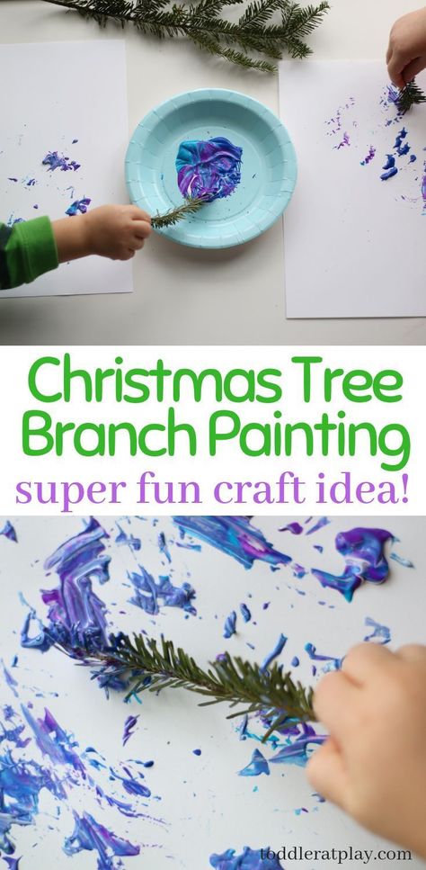 Have fun this winter with this unique painting craft! Kids will absolutely love the idea of using a Christmas tree branch as the paintbrush! #christmascraft #painting #kidcraft Tree Branch Painting, Branch Painting, Winter Crafts For Toddlers, Christmas Crafts For Toddlers, Craft Kids, Christmas Tree Branches, Painting Activities, Christmas Tree Crafts, Daycare Crafts