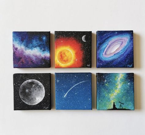 Burned Canvas Art, Space Art Acrylic, Space Painting Aesthetic, Canvas Painting Ideas Space, Tiny Canvas Art Ideas, Tiny Acrylic Painting Mini Canvas, Painting Ideas On Canvas Space, Space Painting Ideas On Canvas, Space Painting Ideas Easy