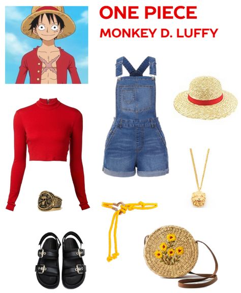 Another creation - Set sail for excitement with this Monkey D. Luffy-inspired outfit from One Piece! A bold red mock neck paired with dungarees featuring vibrant yellow accents captures Luffy's spirited and adventurous nature. This look embodies the essence of a true pirate's zeal and determination. Embrace your inner explorer and embark on a stylish journey with this One Piece-inspired anime outfit. ⚓🏴‍☠️ Cute Outfits Anime Inspired, Anime Inspired Outfits Women, Monkey D Luffy Halloween Costume, Sanji Inspired Outfit, Anime Outfit Inspired, Zoro One Piece Inspired Outfit, Cute Anime Inspired Outfits, One Piece Inspired Outfits Anime, Luffy Inspired Outfit