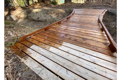 Cedar Stairs Outdoor, Staining Cedar Wood Exterior, Cedar Stained Deck, Cedar Balcony, Cedar Deck Ideas, Cedar Stain Colors Exterior Design, Staining Cedar Wood, Cedar Deck Stain, Natural Cedar Stain