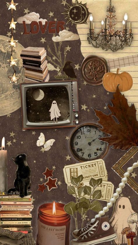 Fall Academia Wallpaper, Autumnal Aesthetic Wallpaper, Book Collage Art, Fall Phone Wallpaper Collage, Autumn Themed Wallpaper, Aesthetic For Collage, Dark Academia Fall Wallpaper, Halloween Moodboard Aesthetic, Katecore + Aesthetic