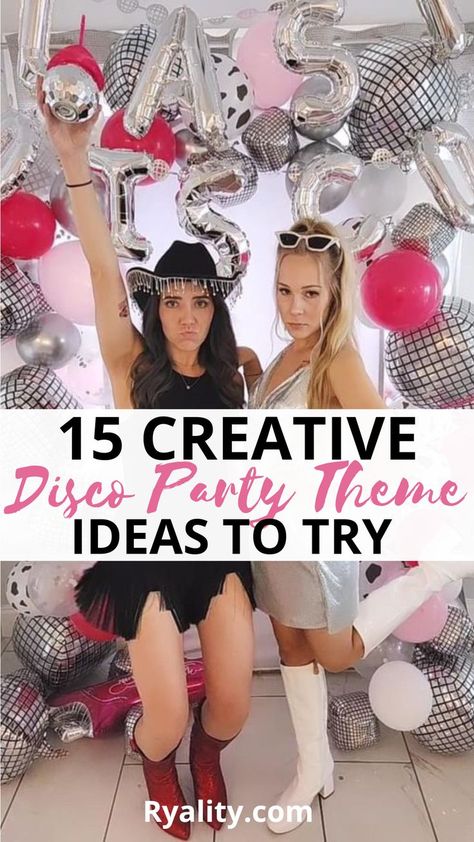 These ideas are so good for a disco ball party, best list of ideas for a disco party theme I've seen At Home Disco Party, Party Themes High School, Womens Theme Party Ideas, Dance Party Themes, Birthday Party Ideas Disco Theme, Disco Ball Birthday Party Ideas, Sweet 16 Disco Party Ideas, Disco Halloween Party Ideas, Disco Party Theme Ideas