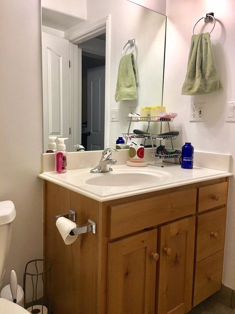 Basement Bathroom Makeover for $100 Bathroom Ideas Ikea, Bathroom Remodel Marble, Bathroom Remodel Layout, Inexpensive Bathroom Makeover, Ikea Towel, Layout Apartment, Large Bathroom Remodel, Ikea Apartment, Inexpensive Bathroom Remodel