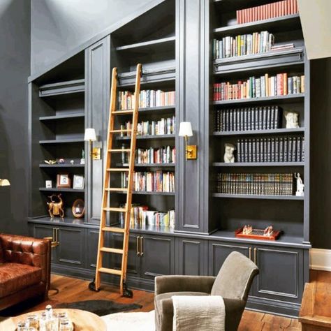 Idea Inspiration Floor To Vaulted Ceiling Grey Bookshelves Designs Grey Bookshelves, Bookshelves Ideas, Floor To Ceiling Bookshelves, Unique Bookshelves, Vaulted Ceiling Living Room, Built In Shelves Living Room, Slanted Ceiling, Library Wall, Home Library Design