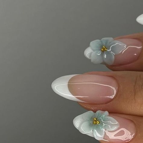 jasmine | bay area nail tech ☆ on Instagram: "flower frenchies 💐 @amys.clients recreations   ——  Service: Structure Mani + Tier 2   ——  @izemikorea Neo Base& Resin 99.9  @makartt_official 3D Gel   ——  #nailsnailsnails #nails #naildesign #cutenails #nailart #flowers #3dflower #frenchtipnails #simplenails #simplenailart #gel #gelnails #structuregel #naturalnails #sunnyvale #bayarea #bayareanailtech #fyp" Light Blue 3d Flower Nails, 3d Jelly Flower Nails, Nails Inspiration 3d Flowers, Builder Gel Flower Nails, Nail 3d Flowers, Clear 3d Nail Art, Gel Flower Nail Designs 3d, 3d Flower Nails Simple, Flower Inspired Nails