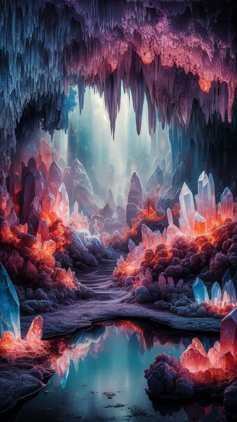 Immerse yourself in a breathtaking underground realm with our Crystal Cave wallpaper. Ethereal light illuminates stunning crystalline formations in a vibrant palette reminiscent of Impressionism. Soft blues, purples, and fiery oranges create a harmonious scene, complete with graceful stalactites and a tranquil reflecting pool. Perfect for nature lovers and dreamers seeking serene beauty in their space. #CrystalCave #Wallpaper #InteriorDesign #NatureArt Nature, Cave Of Crystals, Cave With Crystals, Dragon In Cave, Cave Stalactites, Cave Crystals, Wallpaper Ethereal, Post Humanism, Magical Cave