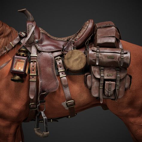 ArtStation - Oasis Horse - Character Breakdown - Adarsh Shetty Big Luggage, Project Mercury, Water Canteen, Thoroughbred Racehorse, Golden Brown Hair, Cowboy Pictures, Horse Harness, Horse Anatomy, Saddle Accessories