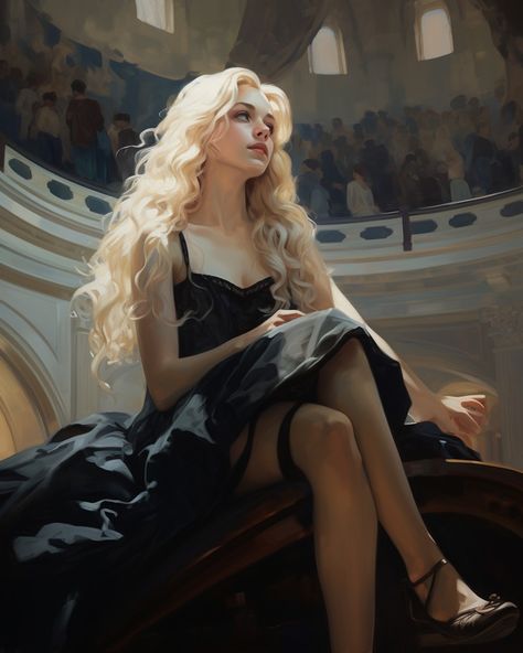 Black Hair Character Art, White Haired Girl Art, White Hair Girl Art, Blonde Girl Art, Black Dress Blonde Hair, Curly Hair Art, White Curly Hair, Blonde Hair Characters, Looking Over Shoulder