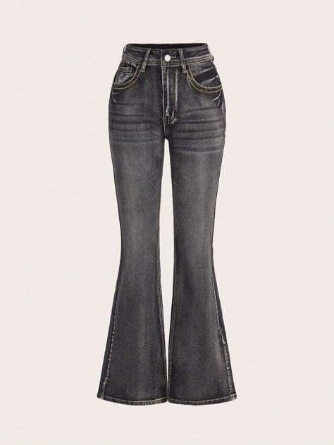 Women's Vintage Washed Slim Fit Flared Jeans With Distressed Details, School Dark Grey    Denim Plain Flare Leg Slight Stretch  Women Clothing, size features are:Bust: ,Length: ,Sleeve Length: Flare Vintage Jeans, Flared Jeans Png, 2000s Flare Jeans, Women's Grunge Fashion, Dark Flared Jeans, Boot Cut Pants Outfit, Empire Pants, Simpul Dasi, Jeans Grunge