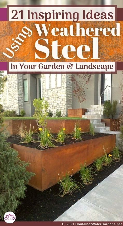 Painted Galvanized Planters, Corten Edging Garden, Metal Retaining Wall Ideas, Modern Garden Water Features, Corten Steel Landscaping, Metal Retaining Wall, Steel Garden Beds, Retaining Wall Planter Ideas, Corten Steel Retaining Wall