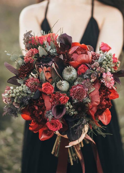 fall wedding bouquet, autumn wedding bouquet, red bouquet, vibrant bouquet Autumn Wedding Flowers October, Wedding Bouquet Autumn, Wedding Bouquet Red, Autumn Wedding Bouquet, Moody Flowers, Wedding Business Ideas, Flower Recipes, Wedding Bouquet Ideas, Autumn Bouquet