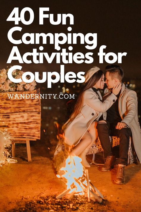 Discover the ultimate guide to 40 fun camping activities for couples! Dive into adventurous and romantic experiences tailored for adults. Whether you're looking for bonding moments or thrilling adventures, these couples camping activities are sure to make your trip memorable. Camping Aesthetic Couple Night, Romantic Cabin Getaway Couple, Camping Honeymoon Ideas, Couple Retreat Activities, Anniversary Camping Ideas, Lake Activities For Adults, Things To Do While Camping For Couples, Glamping Activities For Adults, Lake Date Ideas