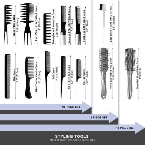 AC053 - 10-Hair Combs by Wig Aisle - WIG AISLE ACCESSORY BUNDLE: contains useful tools for styling your hair and wigs. 10-piece comb set (optional add-on accessories available to choose)..ADDITIONAL INFORMATION:Type: Accessory BundleLength: VariesStyle: AccessorySize: Useful for many hair lengths and texturesAccessory BundleVersatile assorment of combs and brushes for styling both human and synthetic hair.COLOR INFORMATION: Select a desired COLOR and SIZE above before placing your item in the ca Hair Comb Set, Types Of Combs And Their Uses, Types Of Combs, Types Of Hair Accessories, Hair Diagram, Combs And Brushes, Styling Your Hair, Crimping Iron, Hairstylist Tools