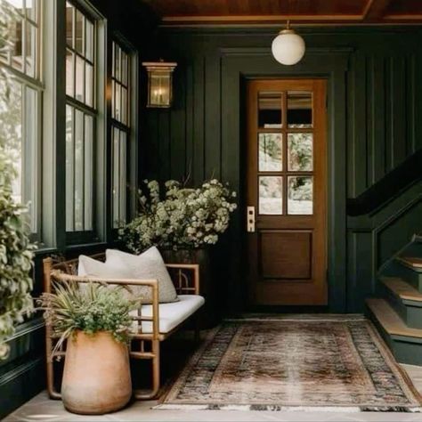 Modern Moody Victorian Home, Moody Hamptons Style, Moody Southern Interior, Earthy Moody Home, Dark And Moody Entryway, Small Moody Entryway, Moody Cottage Dining Room, Old World Interior Design Modern, Moody Beach Decor