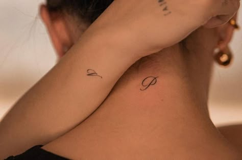 Matching letters "V" and "P" tattoo for best friends. Letter P Tattoo Fonts, Dainty Initial Tattoos For Women, Tiny P Tattoo, Initial V Tattoo, Tattoo P Letter, Small P Tattoo, P Tatoos Letter, Initial P Tattoo, Cursive P Tattoo