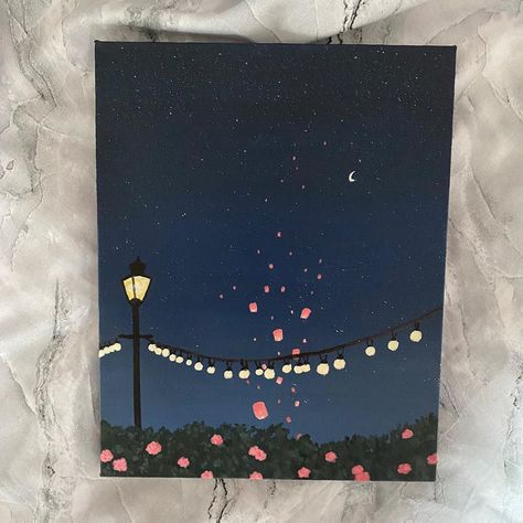 Fairy Light Painting, How To Paint Night Sky Acrylic, Fairy Lights Drawing, Painting Ideas Night Sky, Fairy Lights Painting, Simple Sky Painting, Night Sky Painting Ideas, The Night Sky Painting, Canvas Art Painting Abstract