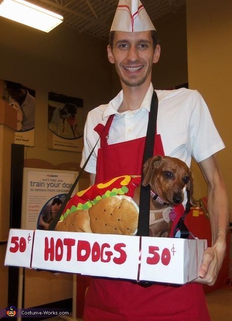 Image result for dog and human costume ideas Hot Dog Vendor Costume, Hot Dog Vendor, Dog And Owner Costumes, Best Dog Halloween Costumes, Cat Costume Diy, Hotdog Costume, Homemade Halloween Costumes, Cat Halloween Costume, Pet Halloween Costumes