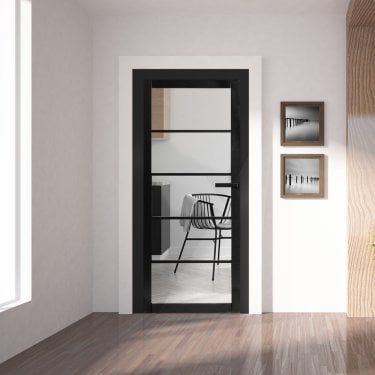 Black And Glass Internal Doors, Black Glazed Internal Doors, Internal Black Doors, Indoor Black Doors, Black Glass Doors Interior, Glass Doors Interior Living Rooms, Black Glass Door Interiors, Black Indoor Doors, Indoor Doors Ideas