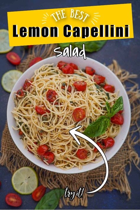 Lemon Capellini Salad is a refreshing pasta salad made using capellini pasta (or angel hair pasta), cherry tomatoes, capers, and a few other simple ingredients. Capellini Salad, Lemon Capellini, Light Pasta Salad, Pasta Cherry Tomatoes, Light Pasta Salads, Lemon Pasta Salads, Capellini Pasta, Spaghetti Pasta Salad, Fresh Basil Recipes