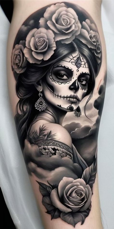 Mexican Skull Tattoos Women, Mexican Inspired Tattoos For Women, Chicana Tattoo Design, Mexican Tattoo For Women, La Catrina Tattoo, Mexican Heritage Tattoos, Day Of The Dead Girl Tattoo, Skull Thigh Tattoos, Mexican Skull Tattoos