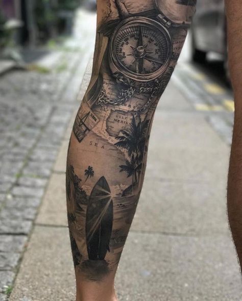 Calf Sleeve Tattoo, Tattoo Calf, Ocean Sleeve Tattoos, Surf Tattoo, Places For Tattoos, Full Leg Tattoos, Taurus Tattoos, Map Tattoos, Nautical Tattoo