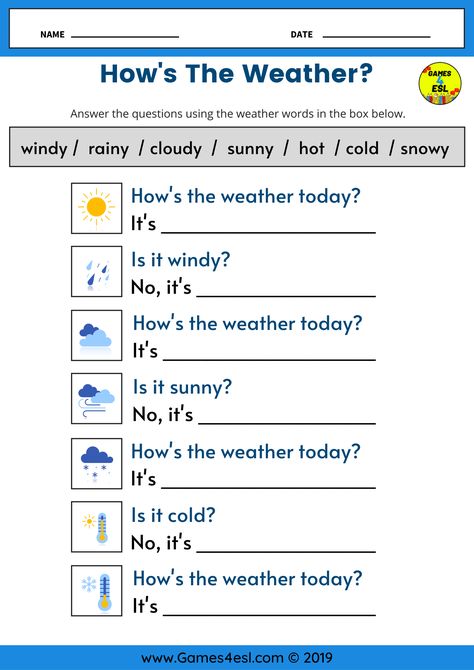 This ESL worksheet is for teaching weather vocabulary to kids and beginner English language learners.   Students should fill in the blank space with the correct weather word English Language Learners, For Kids, English Conversation Worksheets, Weather Esl, Teaching Weather, Weather Vocabulary, Worksheet For Kids, Fill In The Blank, Language Learners