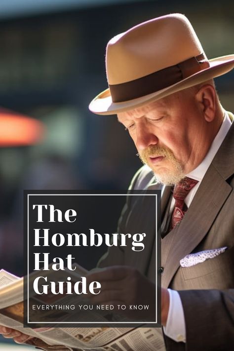 Photo of a man wearing a felt Homburg hat with a bound brim of two and a half inches and a domed crown four inches high, reading a newspaper at a bustling city square with a hot dog stand and a passing crowd, basked in the morning sunlight Homburg Hat Men Style, Hat Guide, Hat Men Outfit, Homburg Hat, Gentleman Hat, Older Mens Fashion, Gentlemans Guide, Homburg, Hat Stands