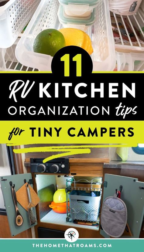 RV kitchen organization can be a challenge in a small space. You'll need lots of RV kitchen storage ideas and RV organization hacks that fit your cooking style and RV life. We've got tips for RV fridge storage, RV cabinet storage, RV spice racks, RV dish storage, plus RV organization accessories for the camper kitchen. Don't miss these tremendous RV kitchen space-saving ideas for camper living - check them out now! Organisation, Camper Kitchen Must Haves, Vintage Camper Storage Ideas, Travel Trailer Organization Rv Storage Camping Hacks, Camper Kitchen Storage Ideas, Rv Shelf Organization, Rv Kitchen Must Haves, Hybrid Trailer Storage Ideas, Small Rv Storage Ideas Travel Trailers