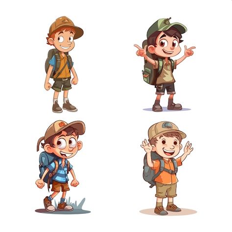 Vector a set of four illustrations of a ... | Premium Vector #Freepik #vector Adventurer Illustration, Adventurer Character Design, Art Brainstorm, Vector Character Illustration, Adventure Character, Simple Characters, Forest Cartoon, Student Cartoon, Bag Illustration