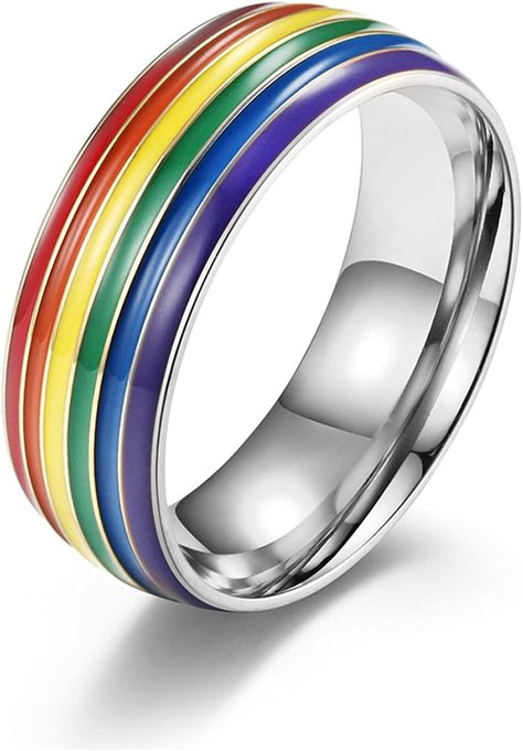 Amazon.com: Pingyongchang 8MM Rainbow Enameled Stainless Steel Ring Colorful LGBT Pride Rings for Women Girls Boy Men Lesbian Gay Birthday Party Band-S9: Clothing, Shoes & Jewelry Lesbian Wedding Bands, Pride Rings, Lgbt Support, Rainbow Band, Couple Band, Rainbow Ring, Pride Bracelet, Rainbow Rings, Lesbian Wedding