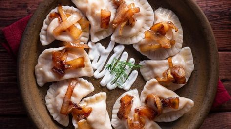 Perfect pan-fried bacon, mushroom and spinach dumplings - Starts at 60 Poland Facts, Ohio Food, Cleveland Food, Interesting Fun Facts, Side Ideas, Pan Fried Dumplings, Bacon Stuffed Mushrooms, German Potato Salad, Crunch Bar