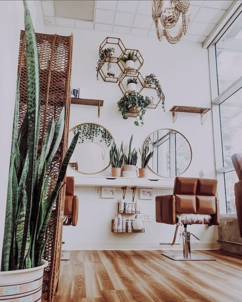 Salon Loft Decor Ideas, Salon Suite Decor Studios, Salon She Shed, Boho Salon Suite, Shed Salon Ideas, Small Salon Suite Ideas, Boho Hair Salon, Salon Colors, Rehab Nursing