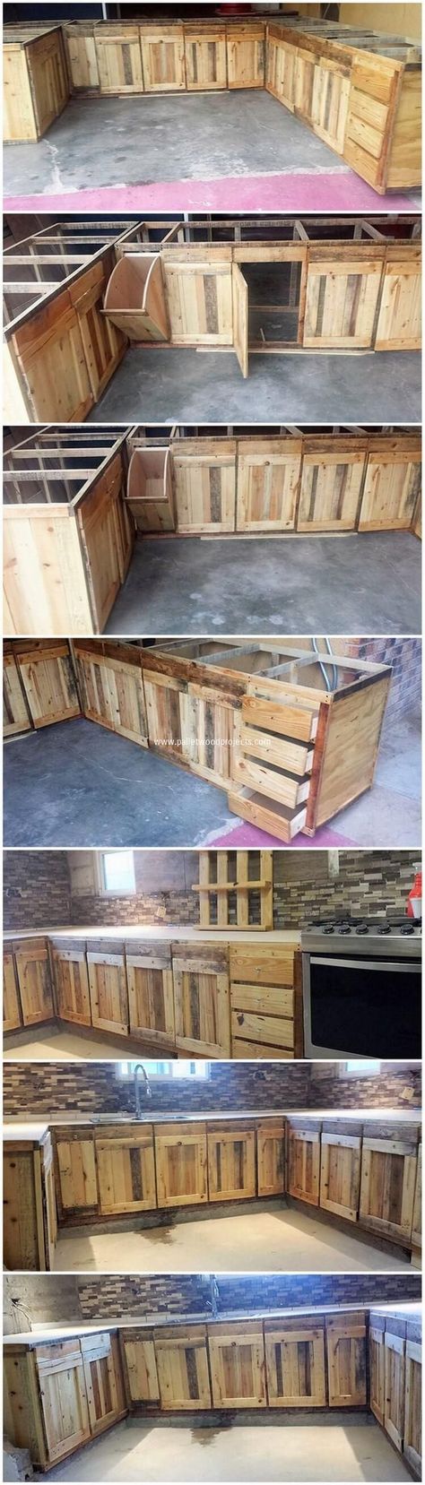 Pallet Kitchen Cabinets, Redo Kitchen Cabinets, Diy Wood Pallet, Rustic Counter, Pallet Kitchen, Cheap Countertops, Diy Countertops, Wood Kitchen Cabinets, Diy Holz