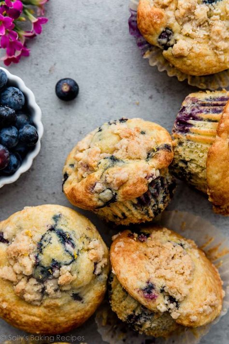 These light and fluffy lemon blueberry muffins taste just as good—or better!—than any bakery version. Greek yogurt keeps them extra moist, and you can top with a lemony brown sugar crumb topping. Recipe on sallysbakingaddiction.com Almond Flour Lemon Blueberry Muffins, Blueberry Muffins Sallys Baking, Healthy Lemon Muffins Greek Yogurt, Healthy Yogurt Muffin Recipes, Blueberry Muffins Lemon, Lemon Blueberry Yogurt Muffins, Sallysbakingaddiction Muffins, Lemon Berry Muffins, Best Lemon Blueberry Muffins