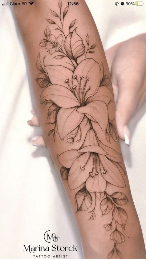 Lily Tattoo Sleeve For Women, Forearm Tattoo Women Grandpa, Nautical Shoulder Tattoos For Women, Water Lily Forearm Tattoo, Lily Rose Tattoo Ideas, Big Flower Tattoo Designs, Lily Arm Tattoo For Women, Water Lily Tattoo Sleeve, Lilly Tattoo Sleeve